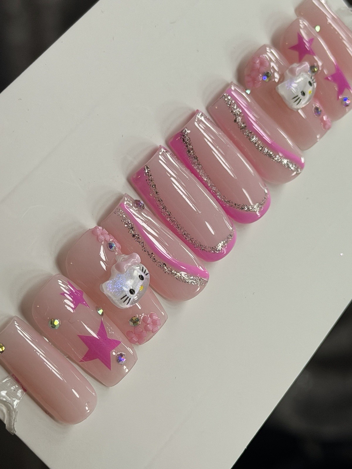 ✨ CUSTOM Press On Nails Nude PINK HELLO KITTY BLING 10p SET W Kit