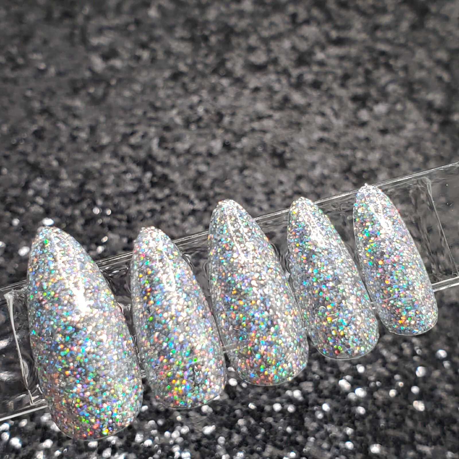 #145 Silver Holo Glitter Press On Nails | Handmade | Hard Gel Glue on Nails