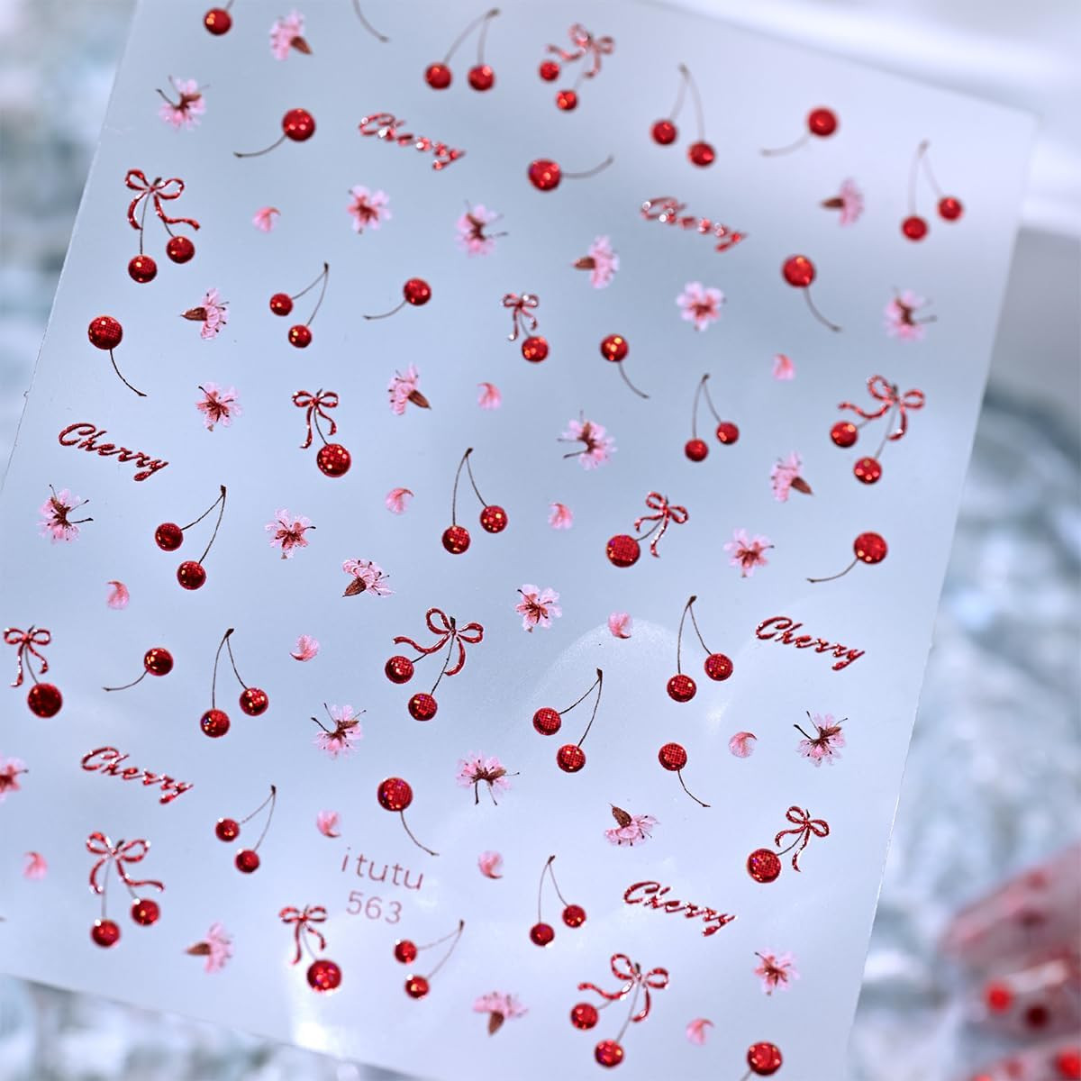 Red Cherry Nail Art Stickers 1 Sheet Self-Adhesive 5D Embossed Cherry Blossom Bo