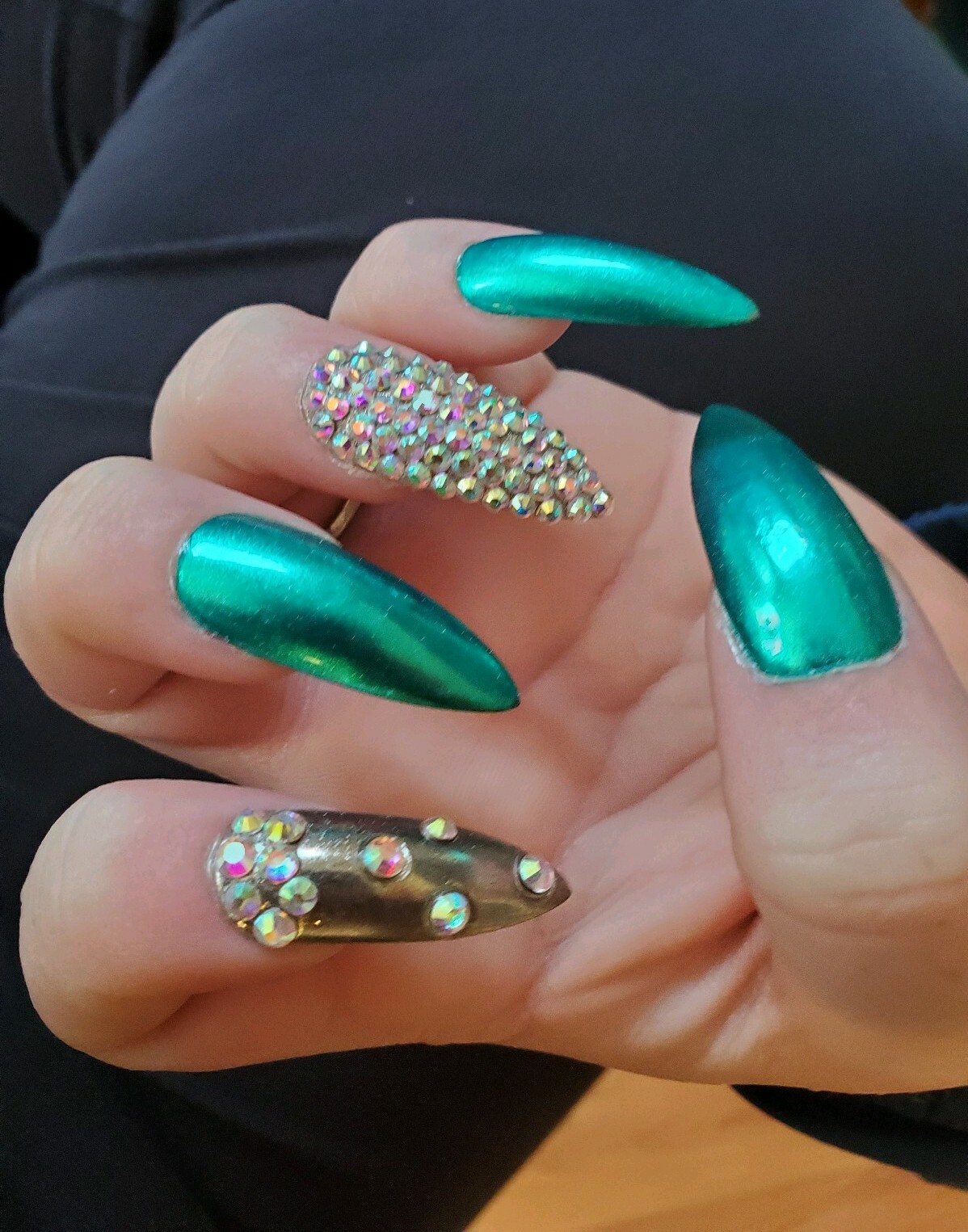Teal & silver chrome stiletto bling nails green crystal emerald Christmas set