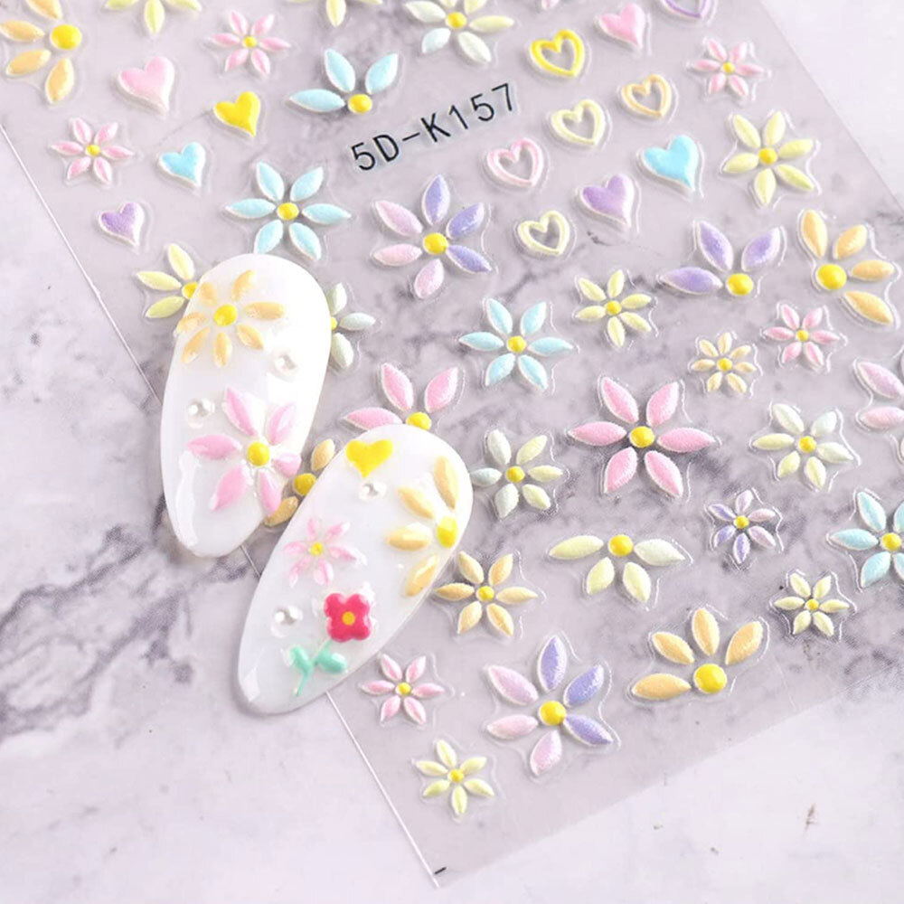5D Nail Stickers Embossed Daisy Flower Bride Decals Nail Art Decoration DIY Chic