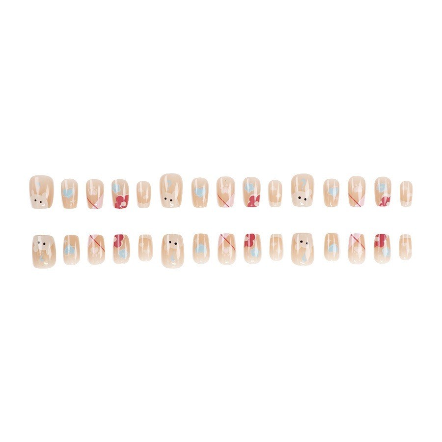 60Pcs Cute Bear Cartoon Press on Nails, Short Square Lovely Glossy Fake Nails