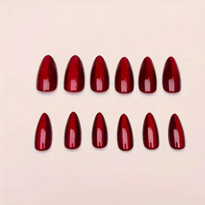Elegant Cherry Red 24pcs Almond Shaped Press-On Nails – Middle Length, Glossy