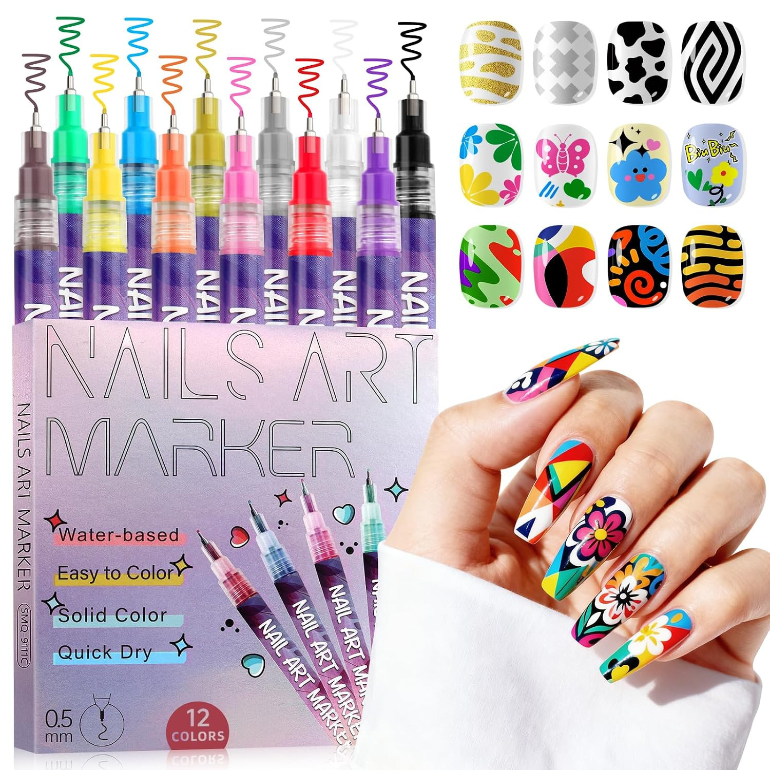 12 Color Nail Art Pens Set, Nail Polish Pens 0.5MM Fine Tip Acrylic Paint Pen Na