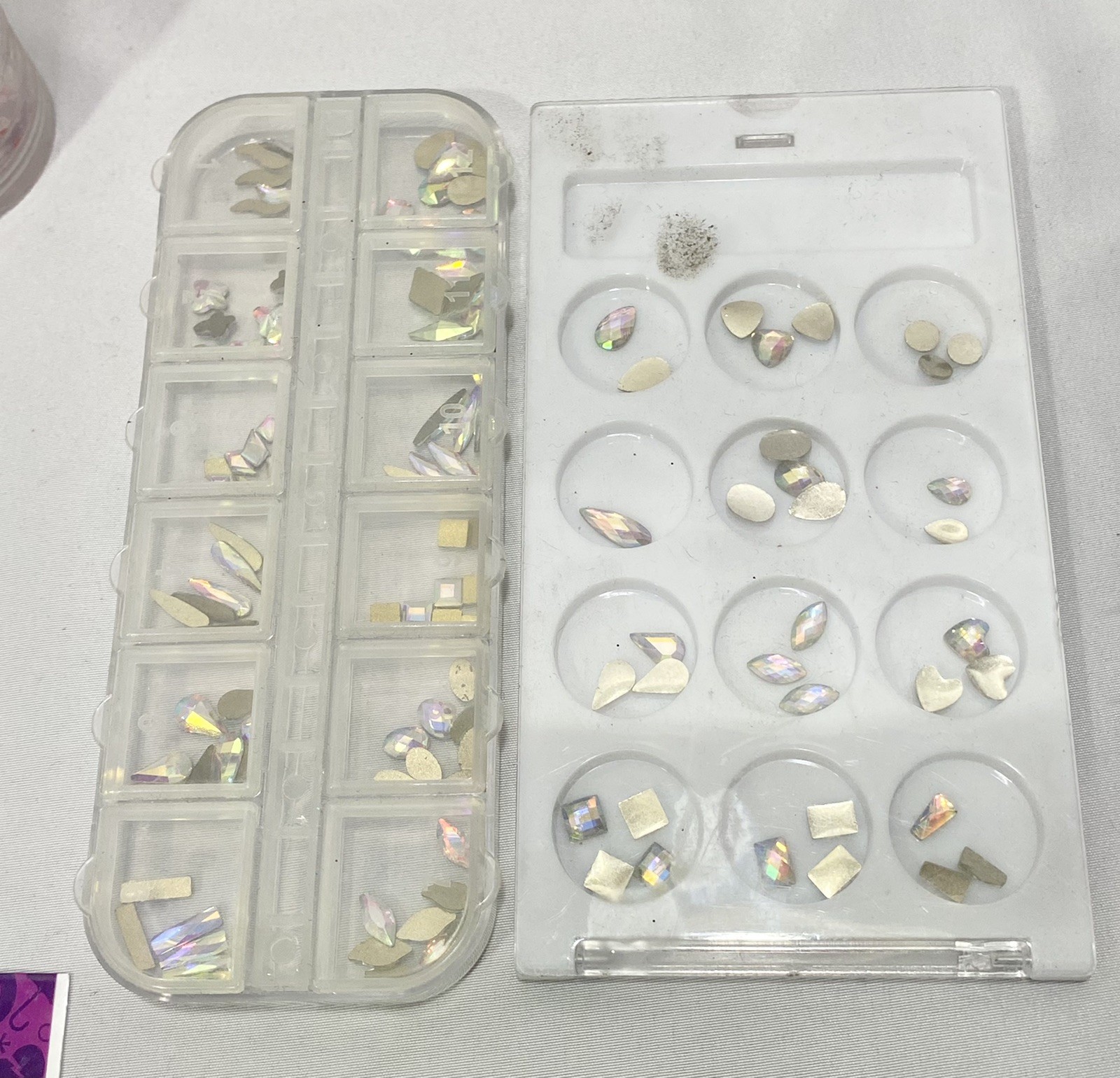 Nail Art Lot of 13- Glitter Sealable Containers, Stickers, Gems, Gold decals, ++