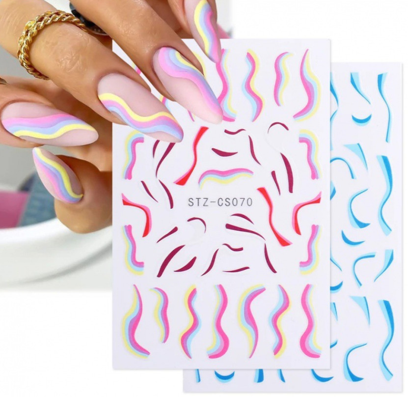 7Pcs Nail Art Stickers Decal Pink White French Line Swirl Wave Geometric NS7