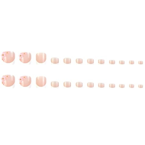 Pink Flower Press on Toenails White French Tips Fake Toe Nails Short Nude