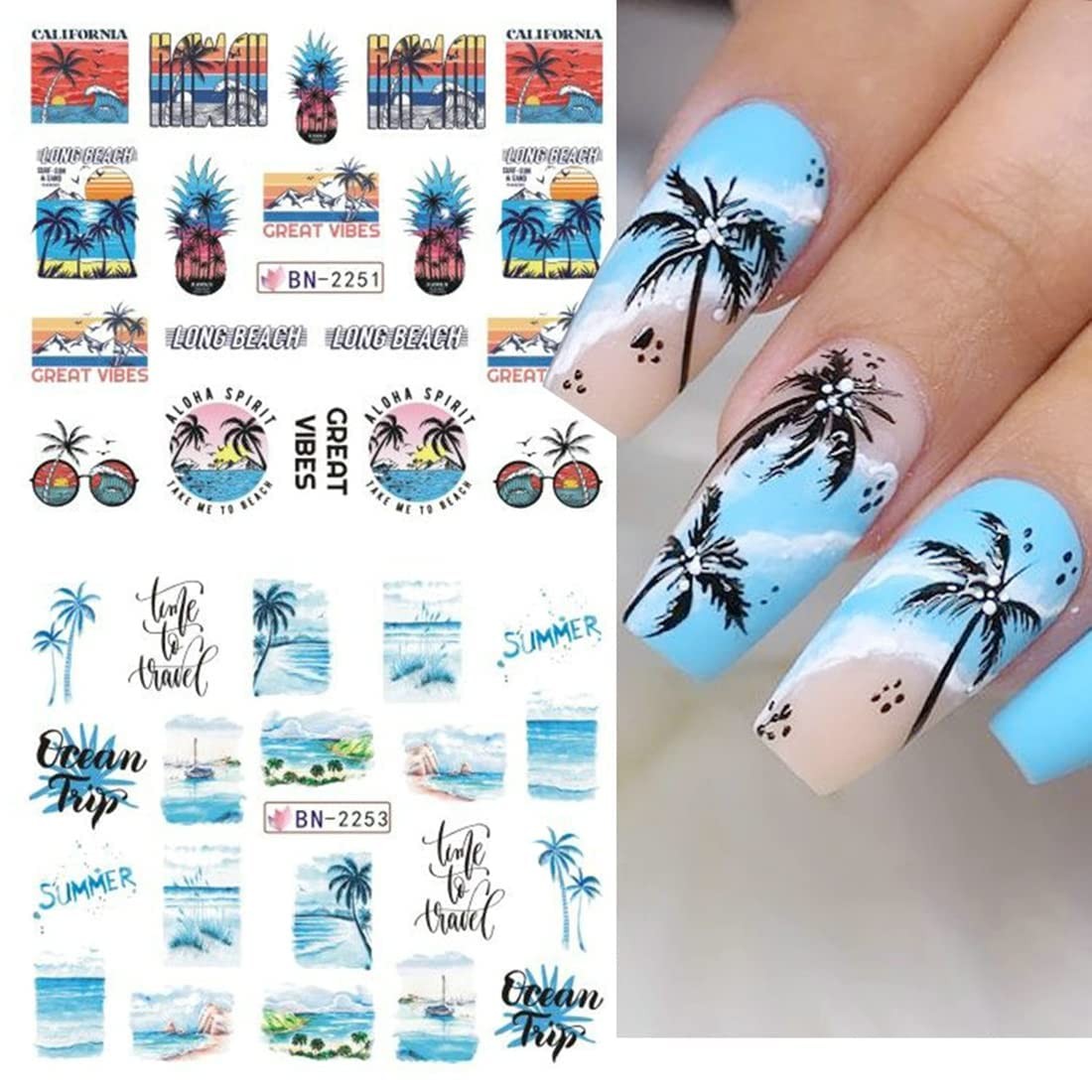 12pcs Summer Palm Tree Nail Art Stickers Decals Water Transfer Coconut Tree N…
