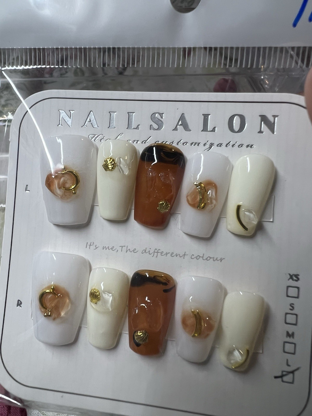 NAILSALON Press-On Nails Long Square White Brown 3D Shiny Full Cover