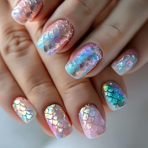 Summer Press on Nails Pink Shining Fake Nails Short Square False Design 11