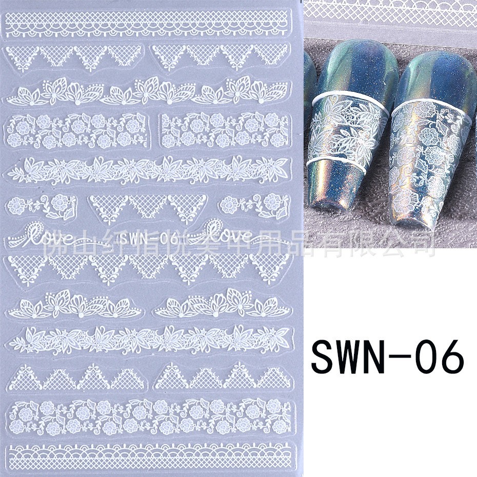 2Pcs Nail Stickers Black White Lace Self-Adhesive Slider Peel Off Decoration NH7