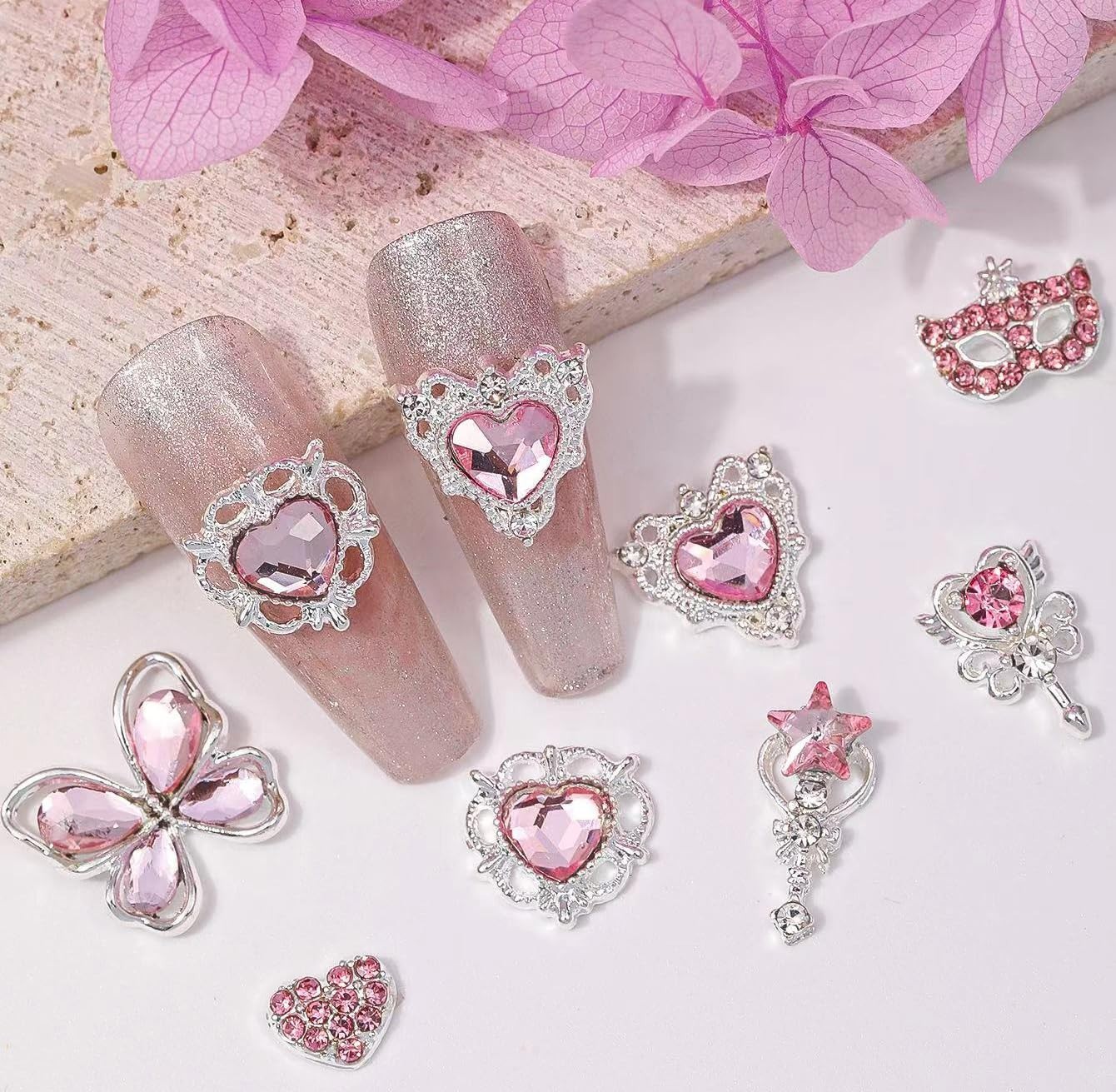 60 Pcs Heart Nail Charms & Pink Butterfly Rhinestones – DIY Nail Art Gems & Acce