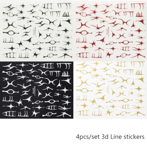 4 Sheets Irregular Line Nail Art Stickers, 3D Metallic Mirror Gold Self 4color