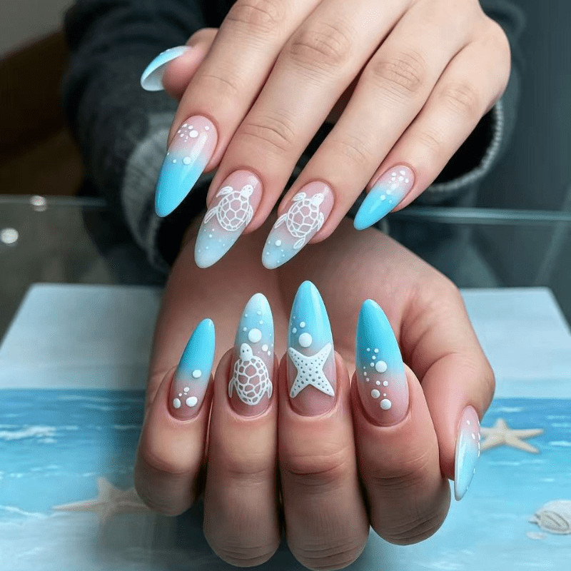 48Pcs Medium Almond Nails, Pink Blue Gradient, Turtle Starfish Pattern