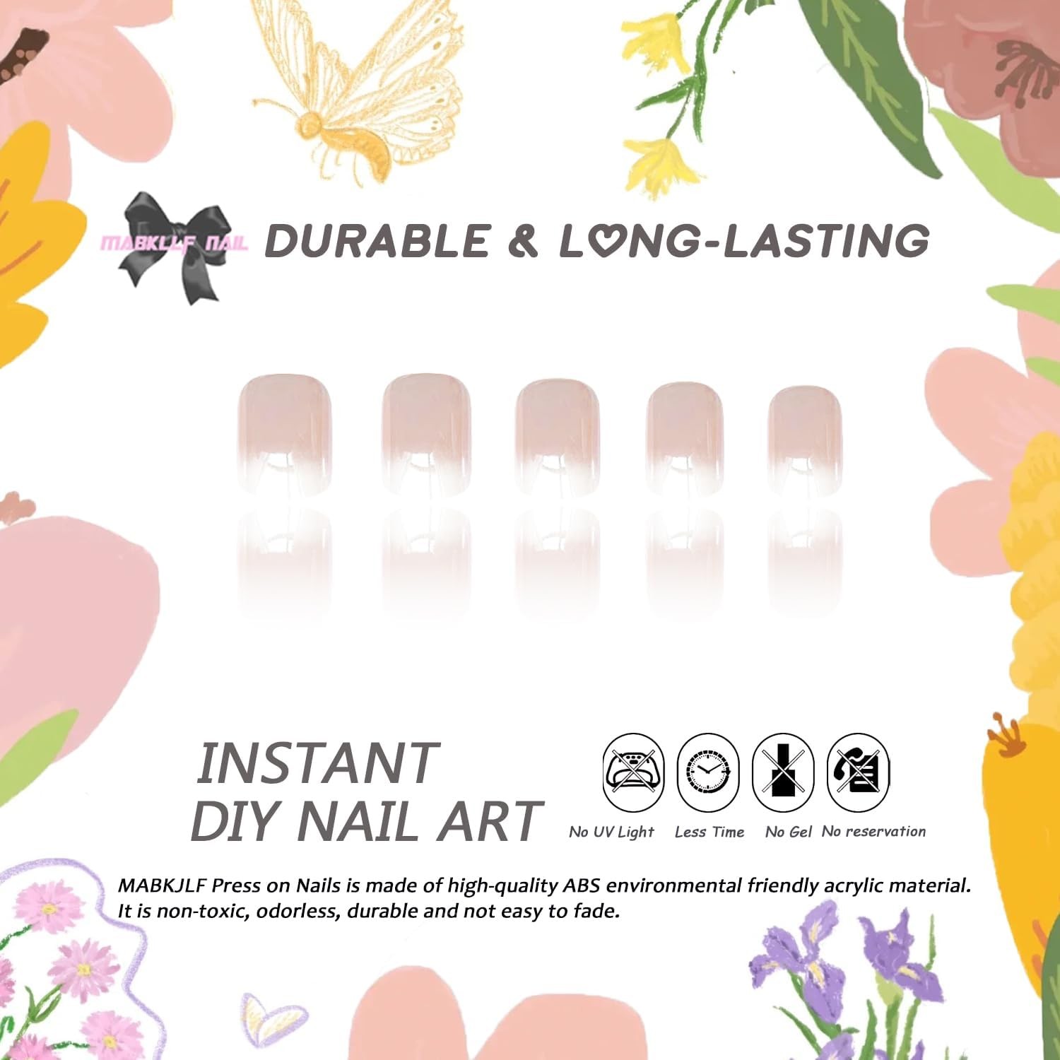 Chrome Press On Nails Short Square White Gradient Fake Nails Nude Pink Full Cove