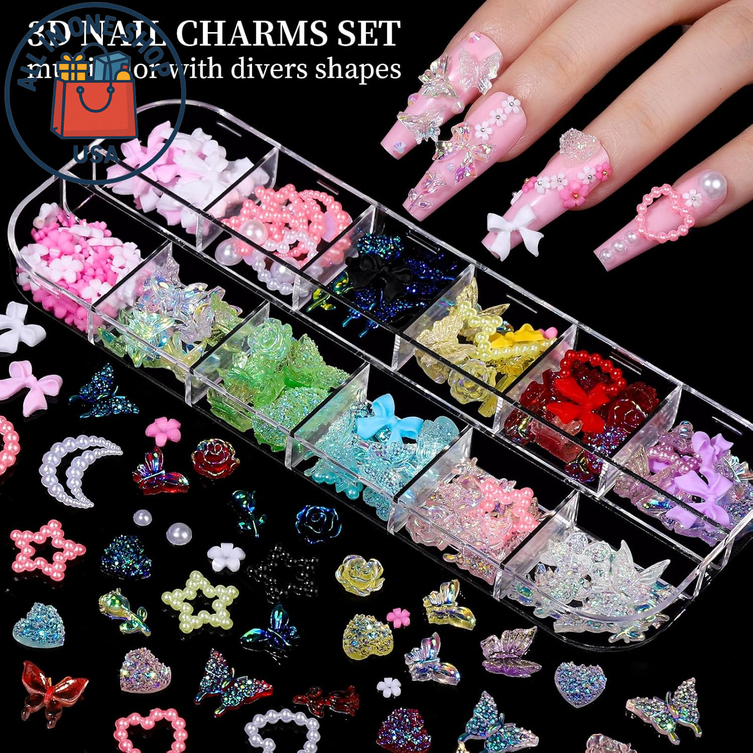 Nail Charms and Rhinestones Kit with 8 Boxes of Colorful Gems