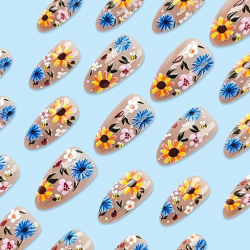 Flower Press on Nails Almond Medium Spring False Nails 3D Florals Design Full