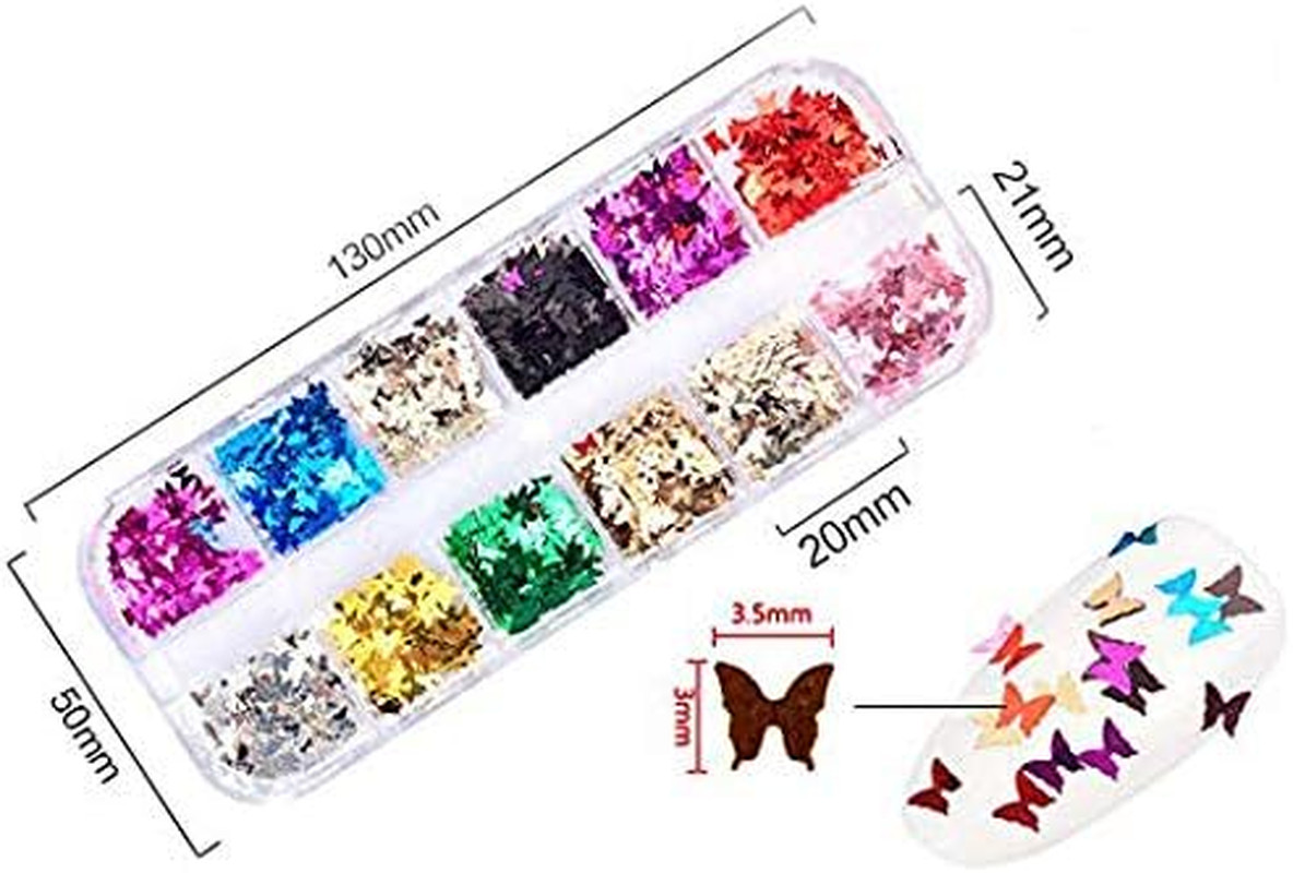 12 Colors Butterfly Glitter Nail Sequins – 3D Nail Art Flakes Colorful Confetti