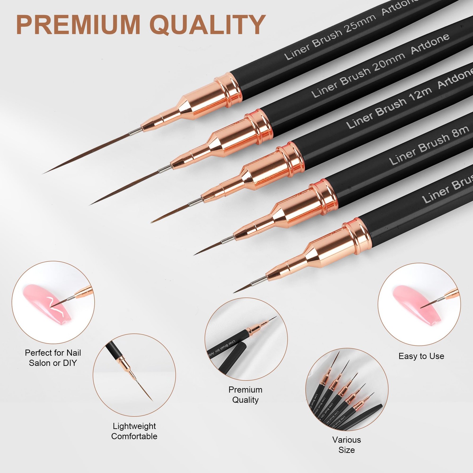 5PCS Metallic Nail Art Pens Black Liner Brushes 5-25mm Set NEW