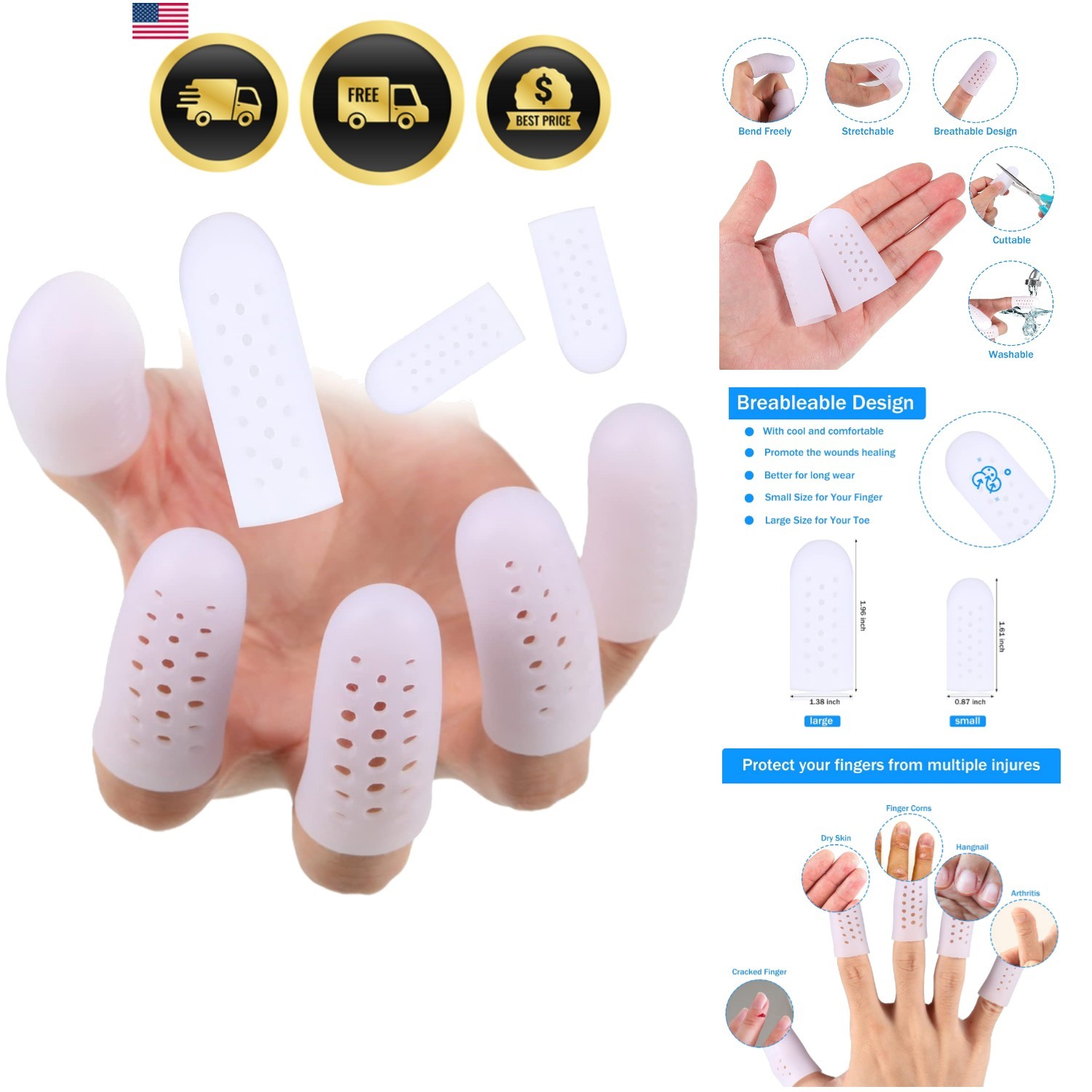 20 Pieces Silicone Finger Cots Protectors Caps with Holes for Wound, Breathab…
