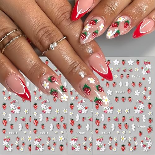 4Pcs Flower Nail Art Stickers Decals 5D Embossed Floral Strawberry strawberry
