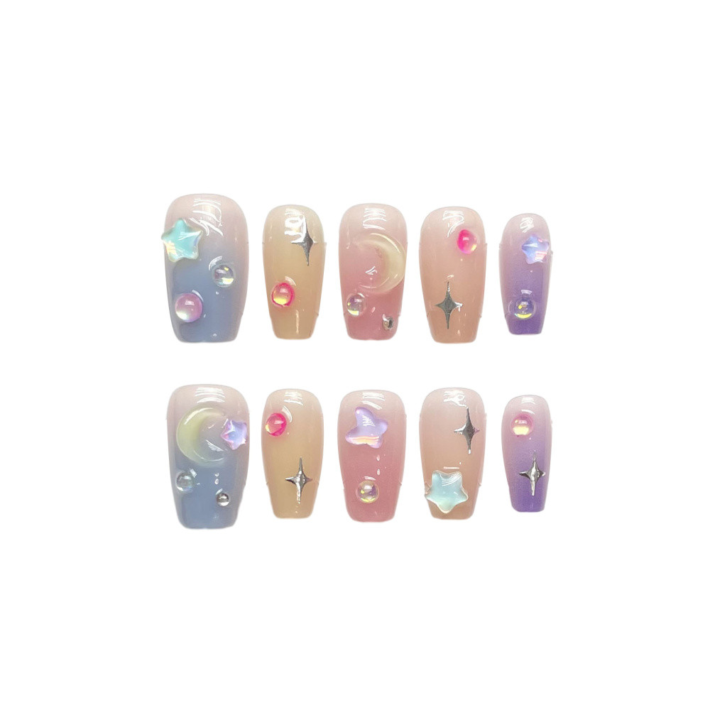Medium Coffin Fake Nail Sweet Press-on Nail 3D Decor Moon Star False Nail 10 Pcs
