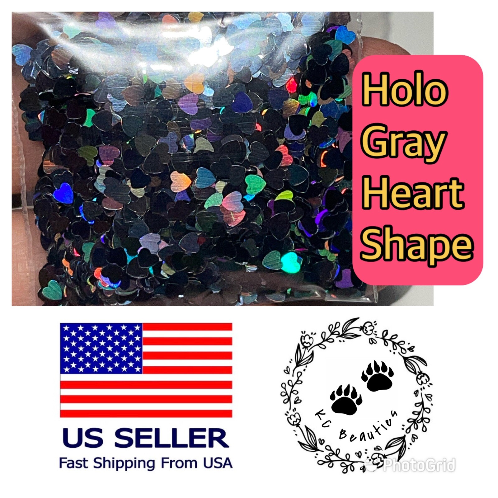 Holographic Gray Heart Glitter Nails Festivals Craft Tumbler Epoxy 1 TBSP