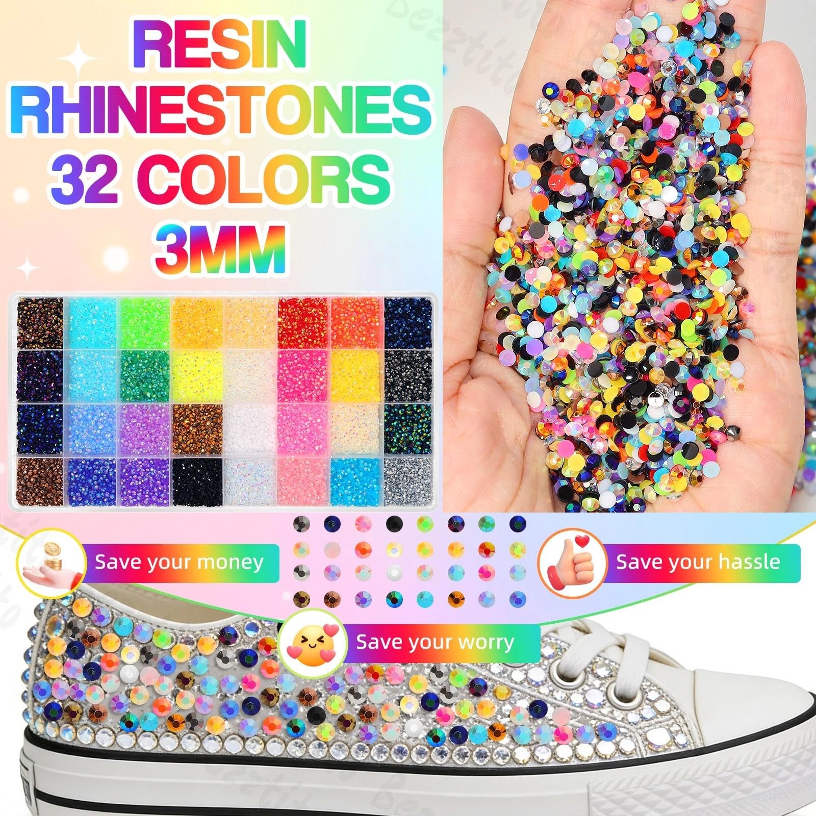 35000Pcs 3MM Colors Flatback Jelly Resin Rhinestones for Bedazzling, Bedazzle…
