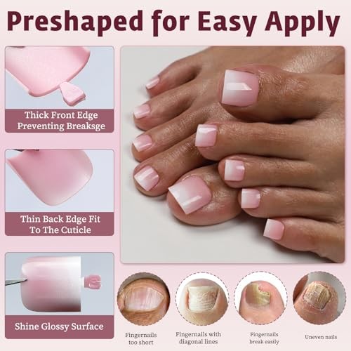 Ombre Press On Toenails For Women with Nail Adhesive Tabs, 150 Pcs Pink Ombre