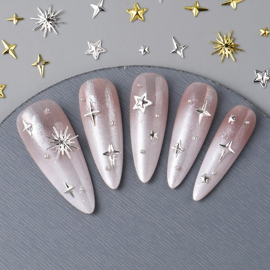 12Grids Star Nail Rhinestones Charms Gold Silver Star Nail Gems Diamonds 3D Allo