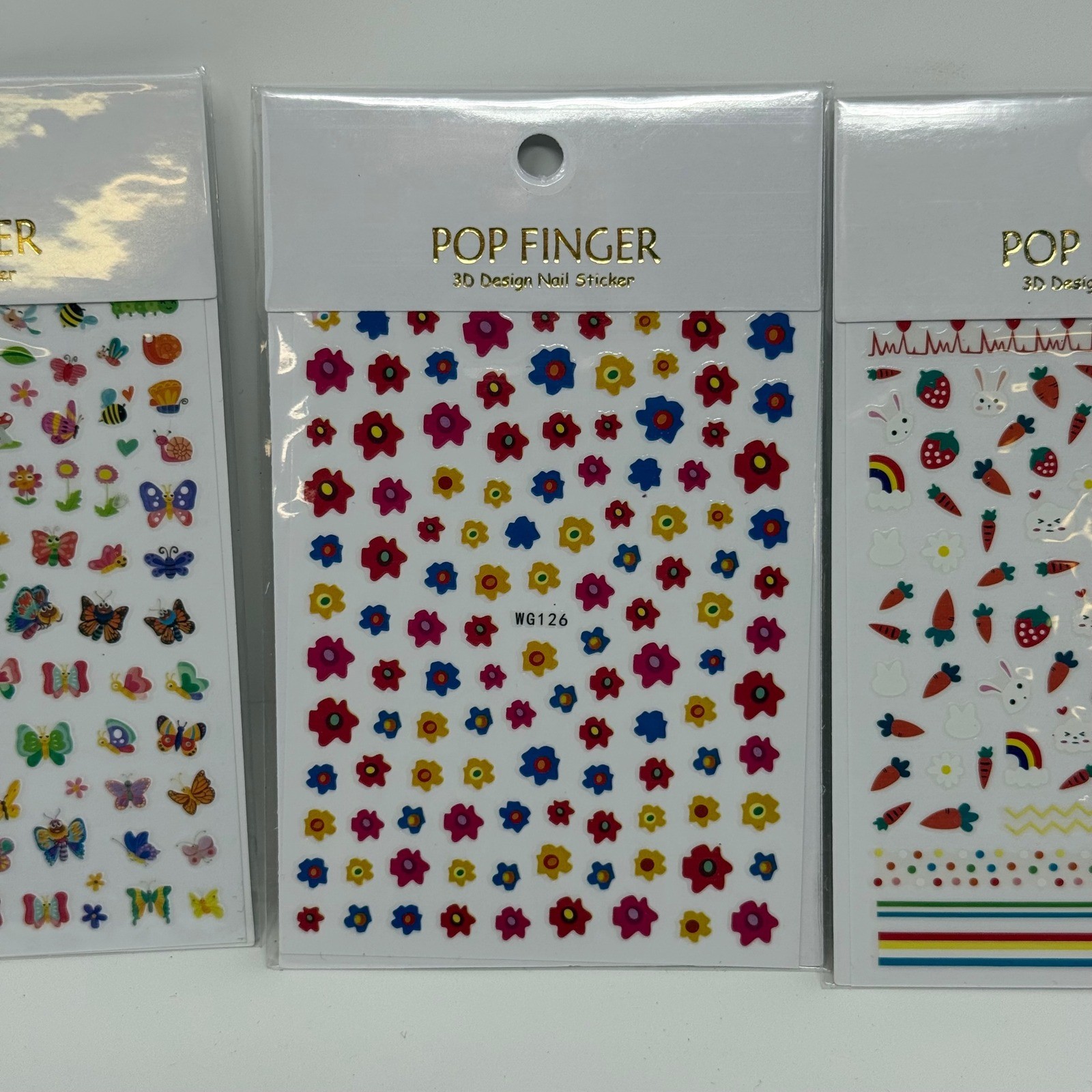 Pop Finger 3D Design Nail Sticker Lot of 10 Sheets Fruit Floral Summer Emoji