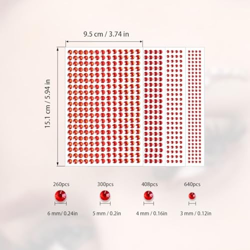 4 Sheets Self Adhesive Pearl Stickers, Self 4 Sizes Bling Rhinestone Red