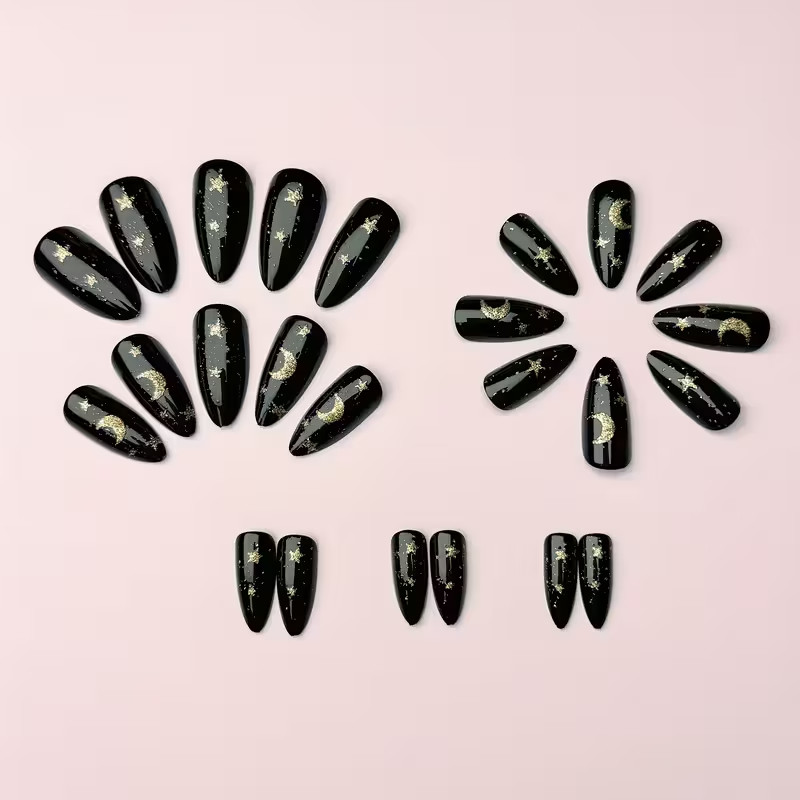 24pcs Almond Medium Press-On Nails, Golden & Black Starry Night, Crescent Moon