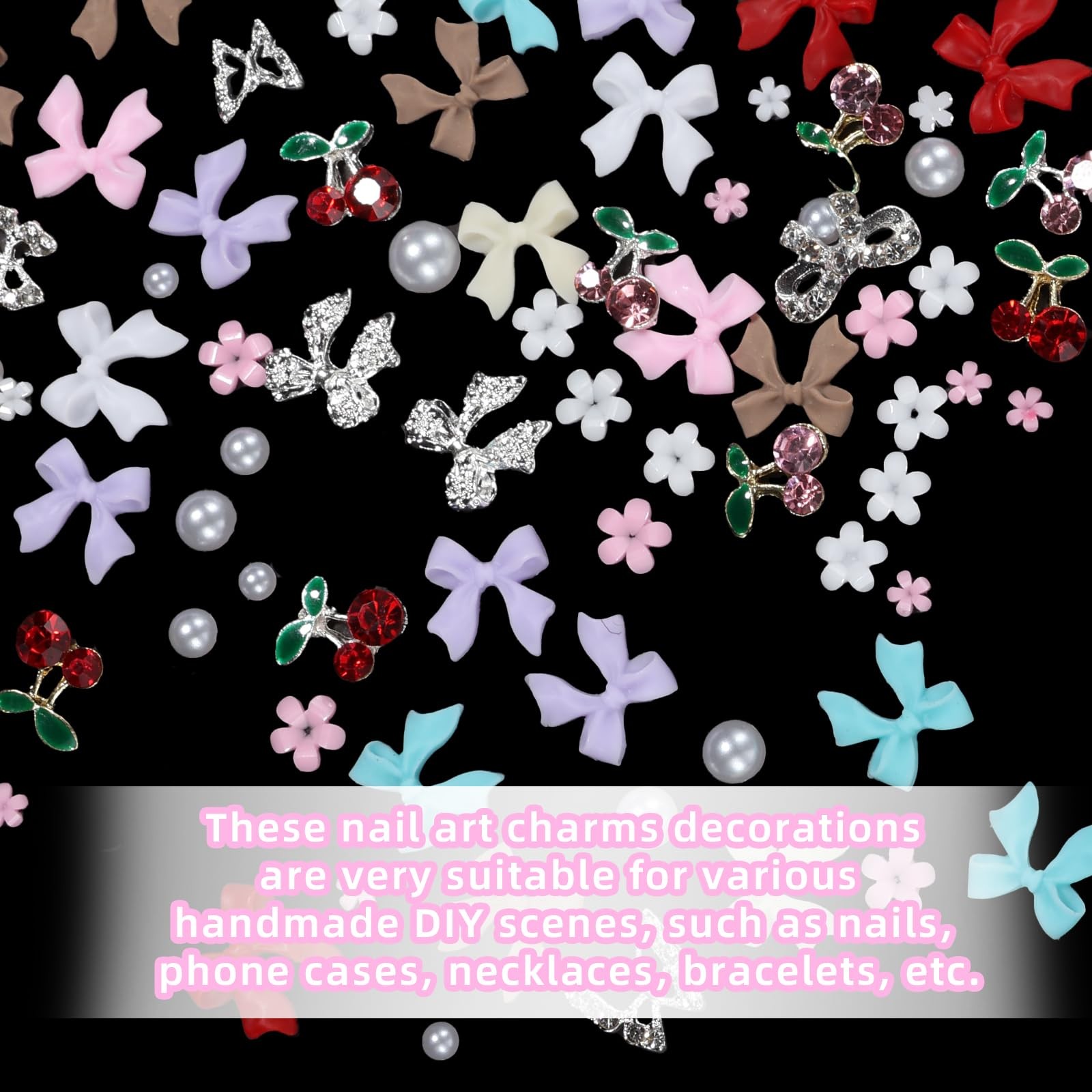 Uotey 3D Bows Nail Charms, Pink Color White Red Black Bows Flowers Pearls Nai…