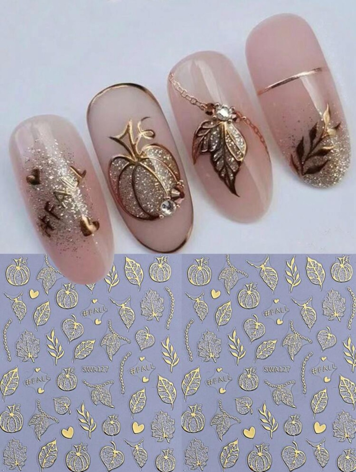 Autumn Fall Nail Art Stickers Metallic Gold Pumpkin Leaf Glittery DIY SWA127