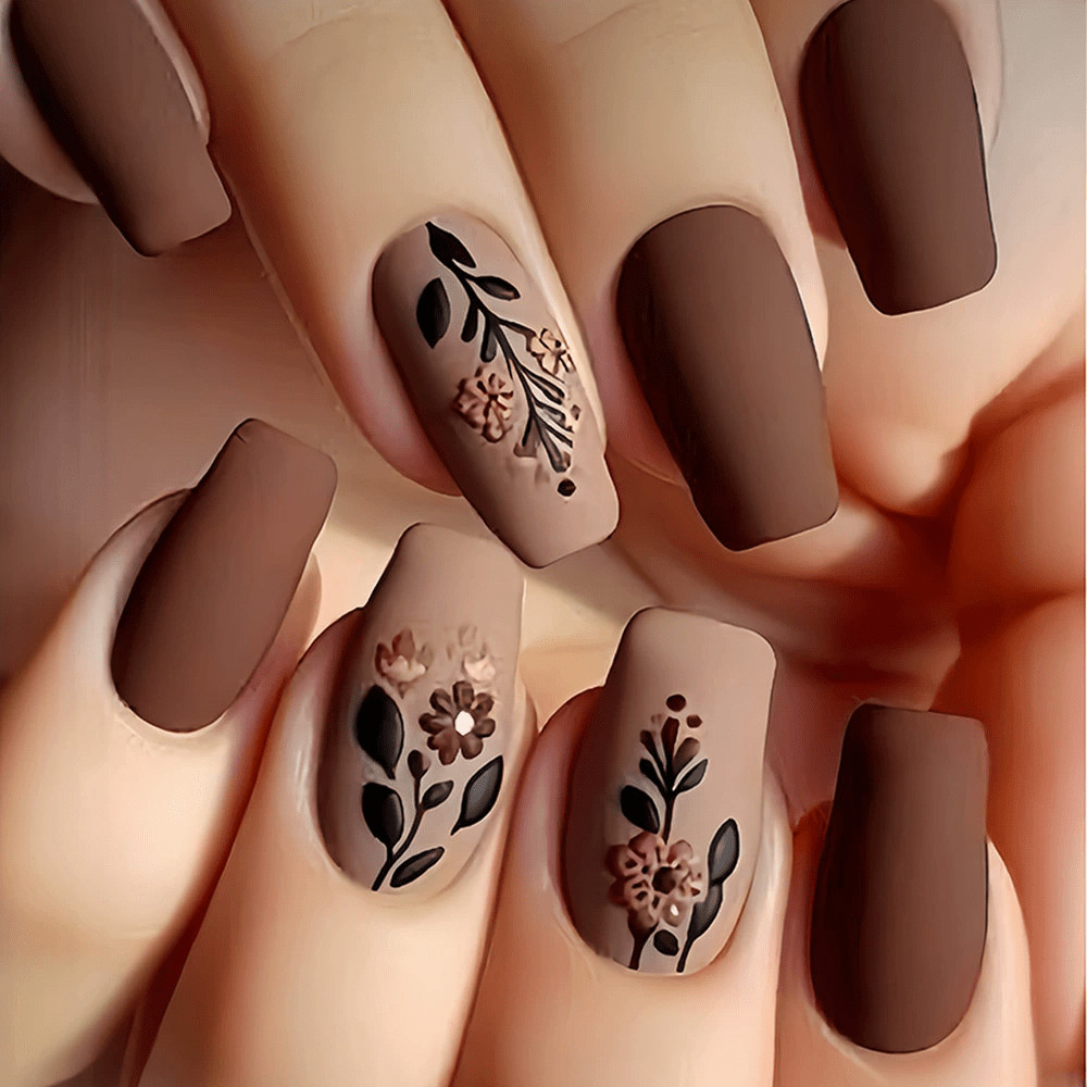 48pcs Fall Press-on Nails Autumn Leaves Pumpkin Warm Brown Glitter Fall Nails