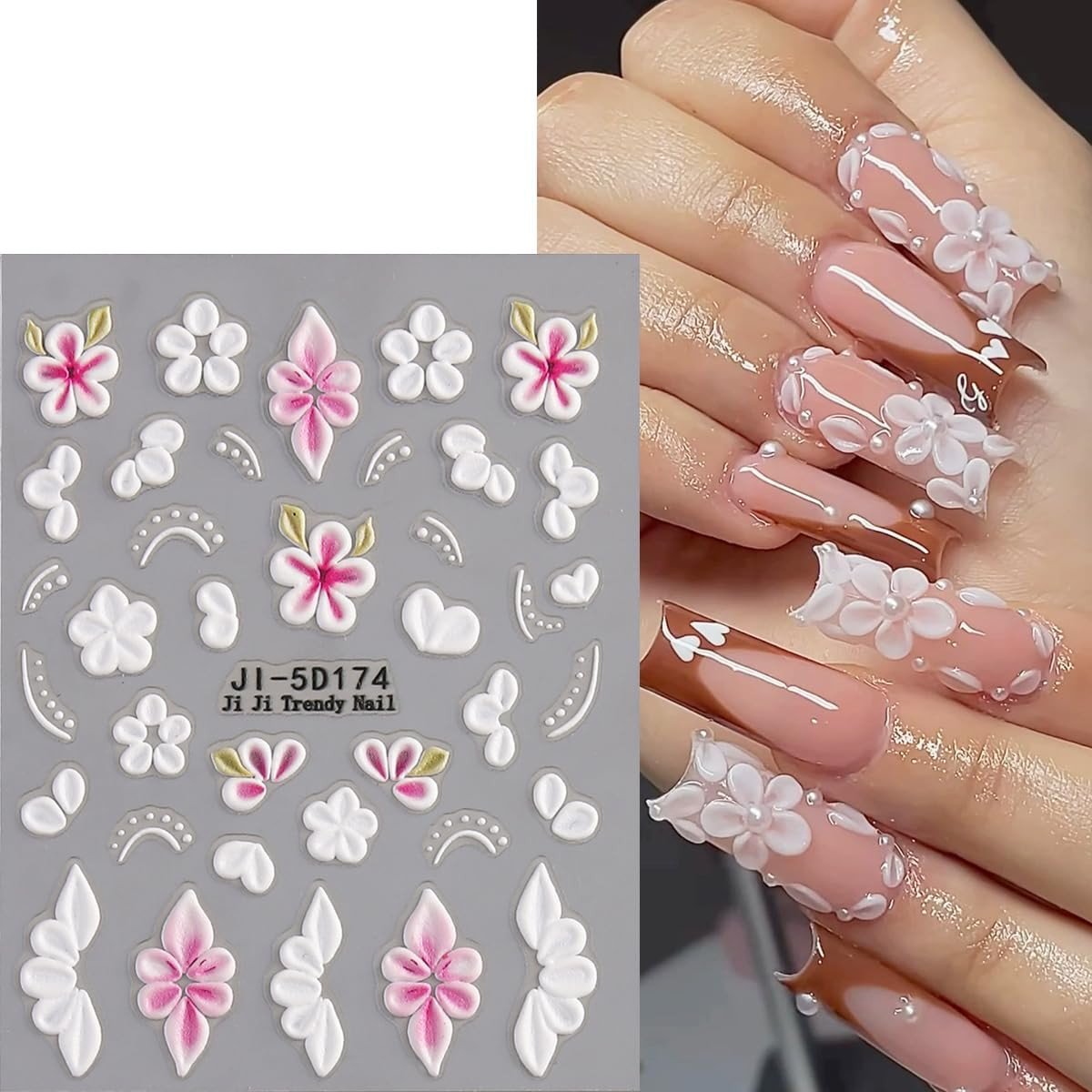 5D Embossed Flowers Nail Art Stickers, 5PCS Self-Adhesive Pink White Flower Stic