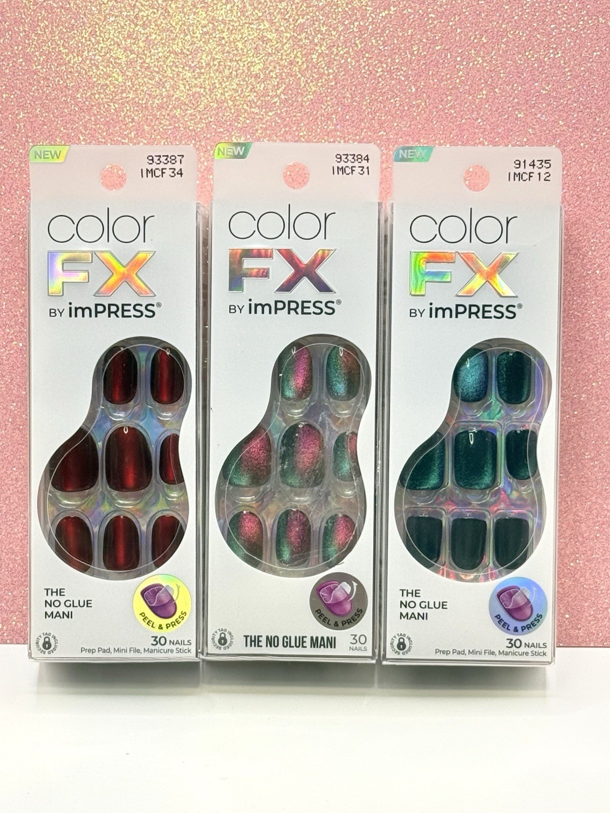Kiss imPRESS ColorFX No Glue Press-On Manicure Nails Short Jewel Tone Bundle 3pk