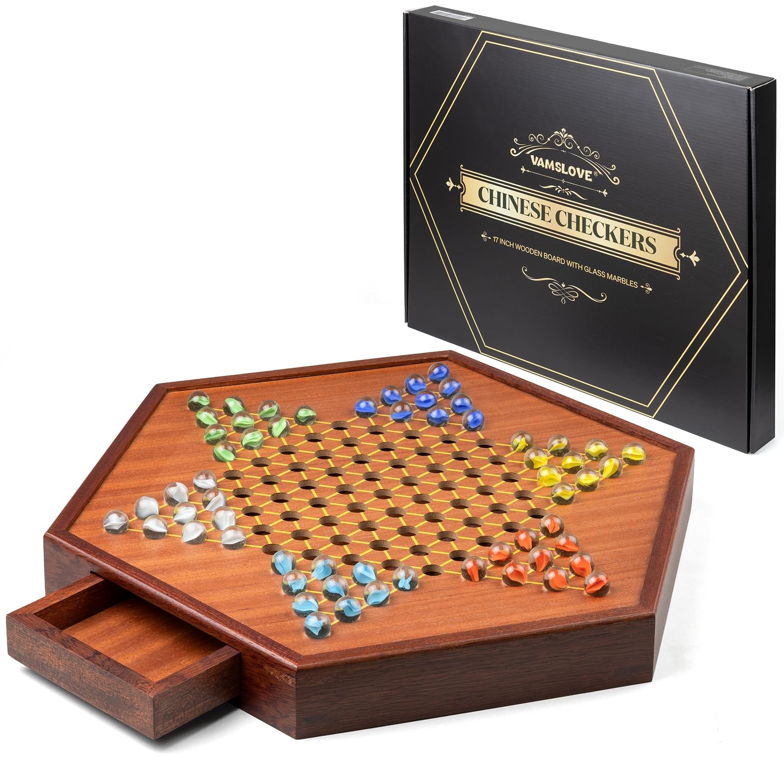 VAMSLOVE Large 17″ Chinese Checkers Board Game for 2-6 17 inches by 15