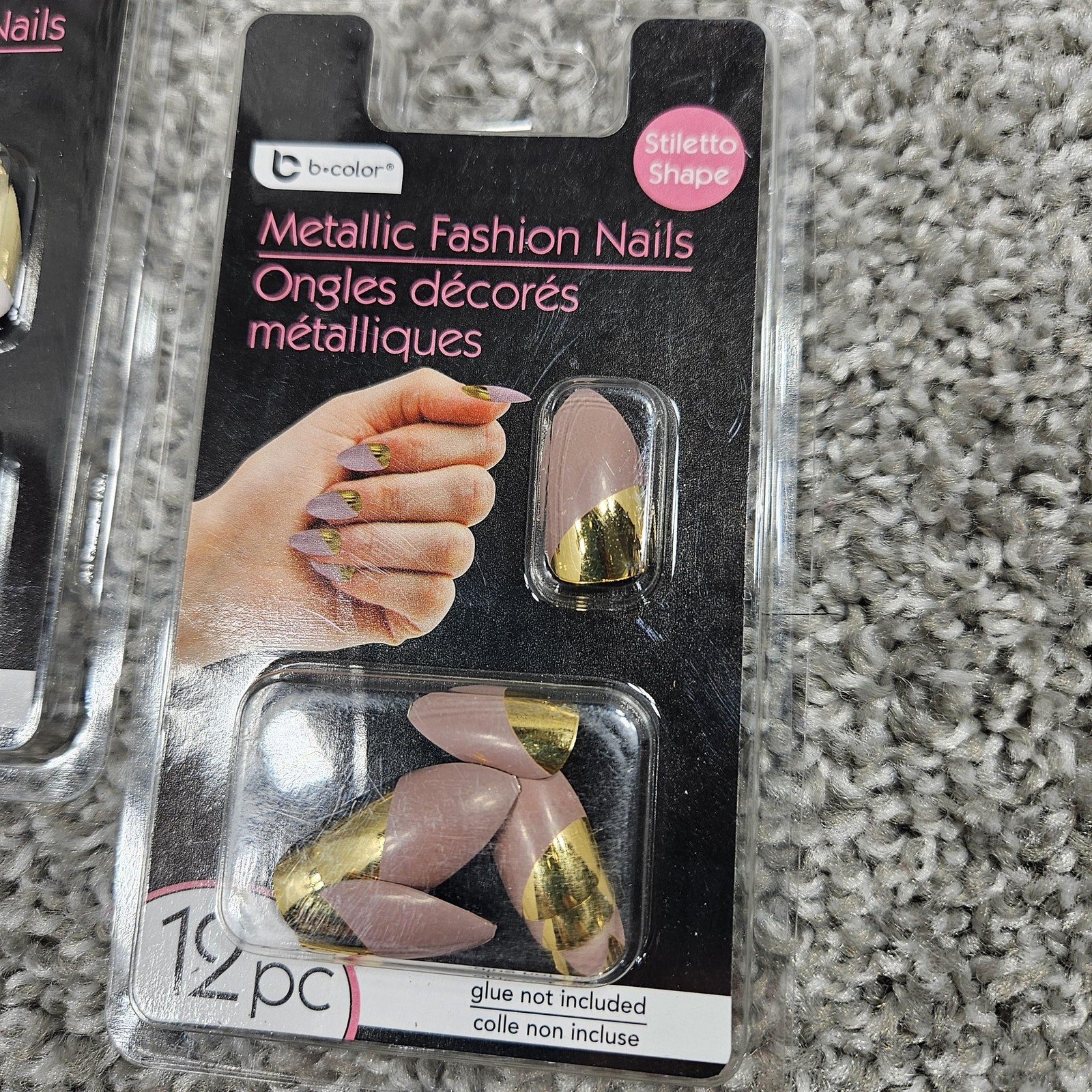B-Color Metallic Fashion Nails Set 3 Pack Stiletto Shape 12pc Glue On Gold Tips