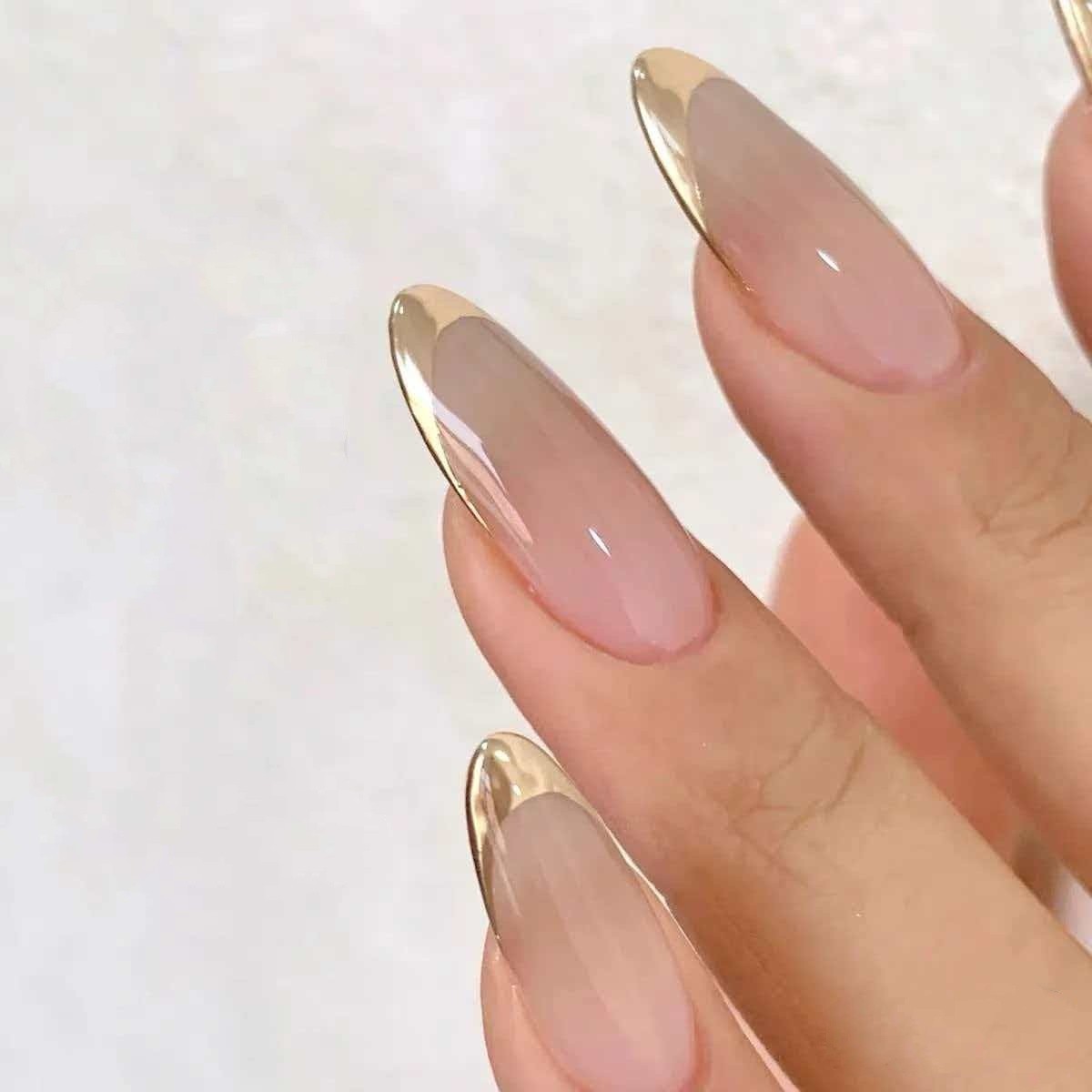 24pcs Simplistic French Golden-Edge Mirror Powder Press-On Nails, Short Almond