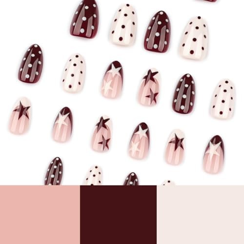 Short Almond Press on Nails – Polka Dot Fake Nails Press ons with Star Style-23