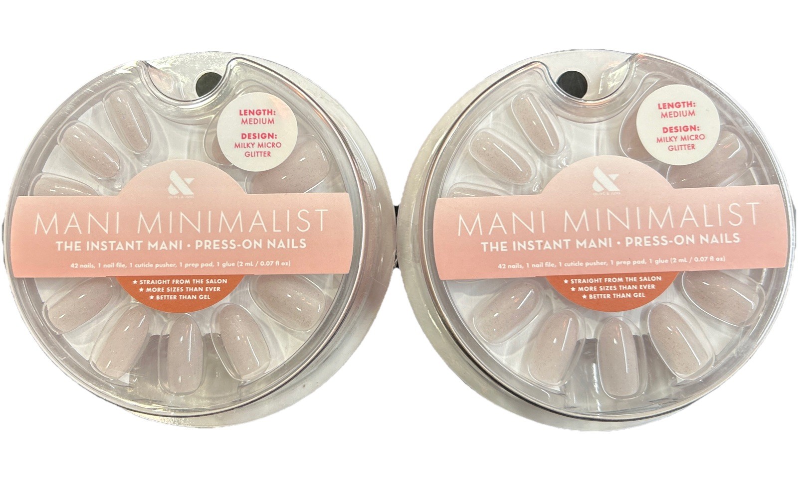 2 Sets Of Olive & June Instant Mani Press-On Nails Medium Milky Micro Glitter