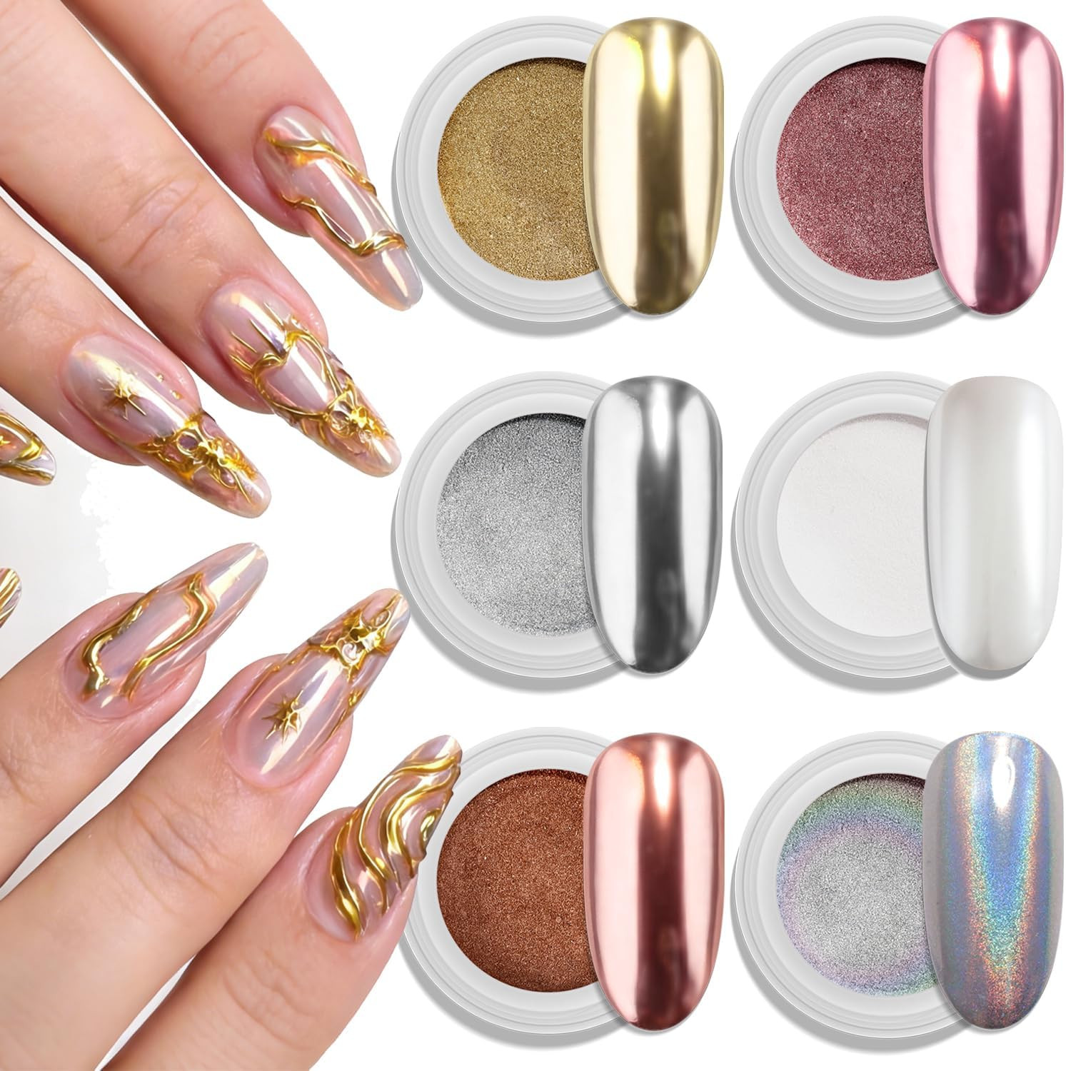Gold Silver Chrome Nail Powder Set 6 Colors Rose Gold Bronze Champagne White Pea