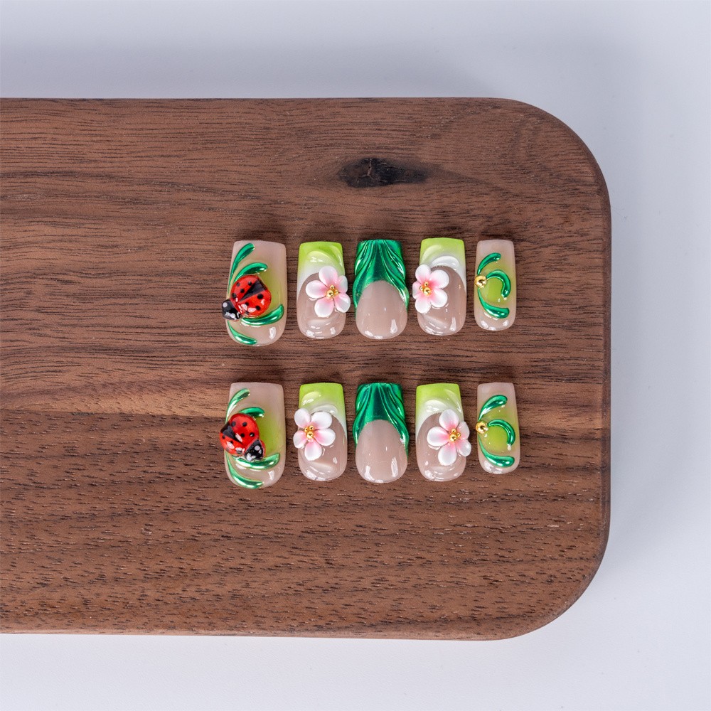 Kawaii Handmade Green Floral Press On Nail Short Square Shape for Daily Vacation