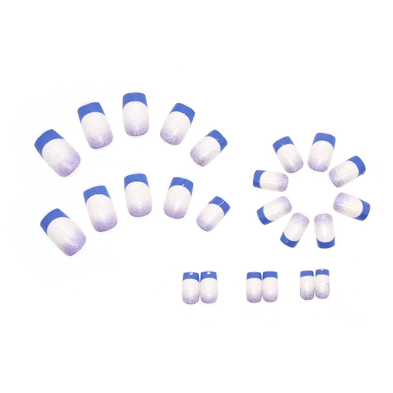 48P Short Square Press on Nails, Royal Blue French Holographic Fake Nails