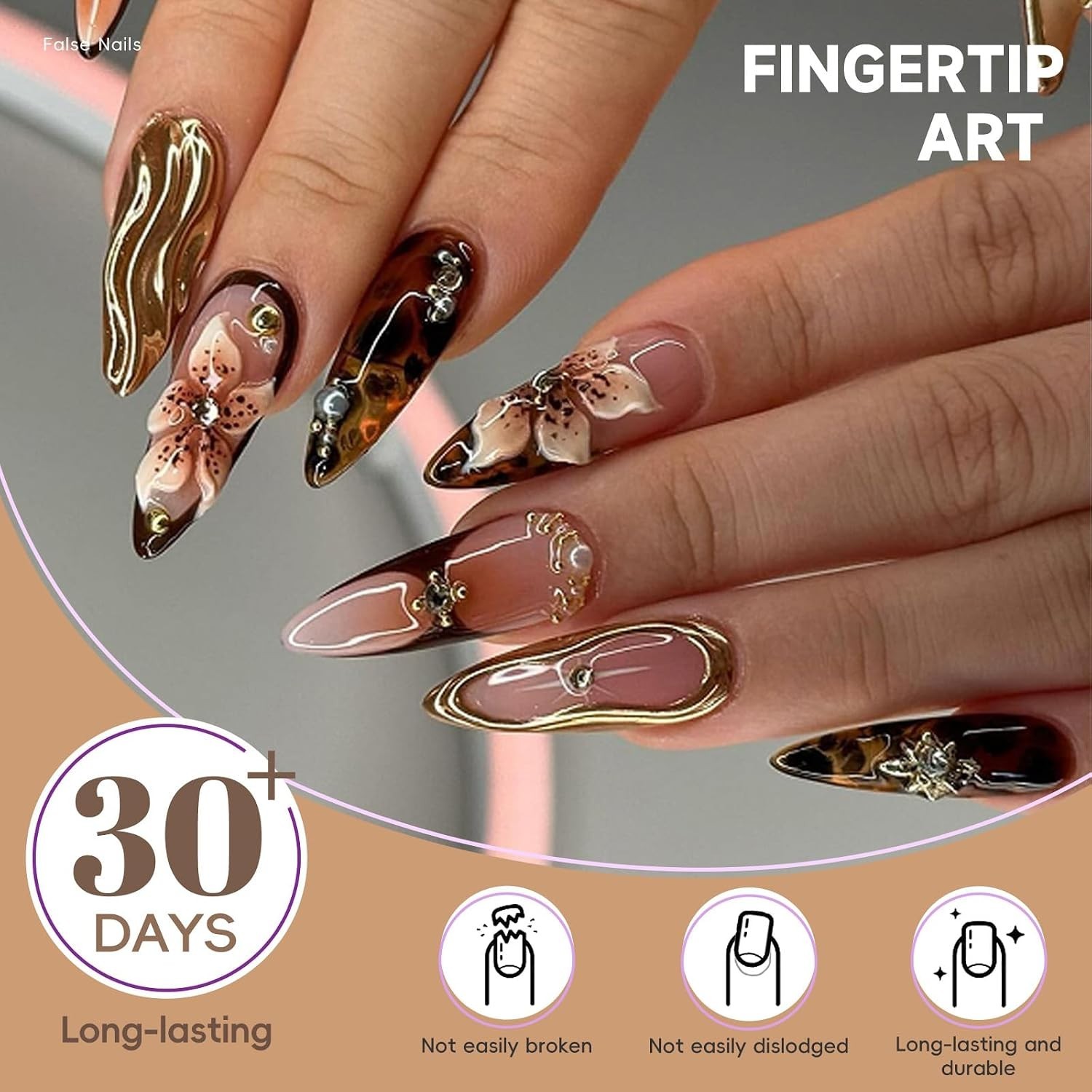 Luxury Long Almond Press-On Nails: 3D Brown Flower & Rhinestone Charm Set