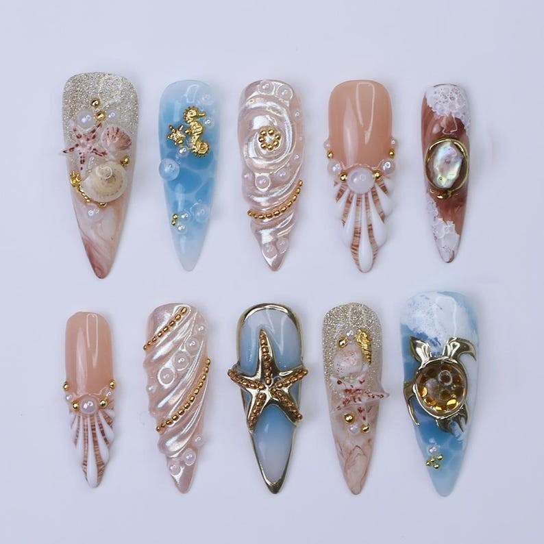 Handmade Summer Press On Nails 3D Turtle Starfish Long Almond