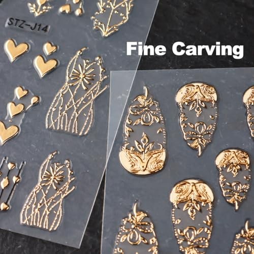 6 Sheets Nail Stickers 3D Nail Decals Bronzing Heart Metallic Love Leaf Gold