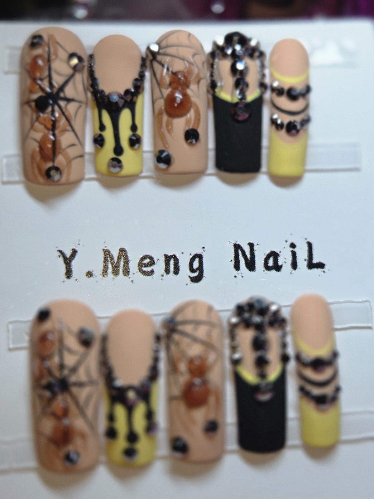 Halloween Press-On Nails, Medium, Yellow black french tip spider matte